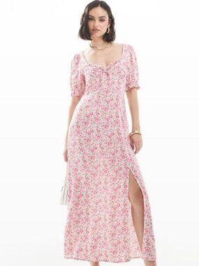 ASOS DESIGN ruched bust midi tee dress with split in red & pink rose ditsy print